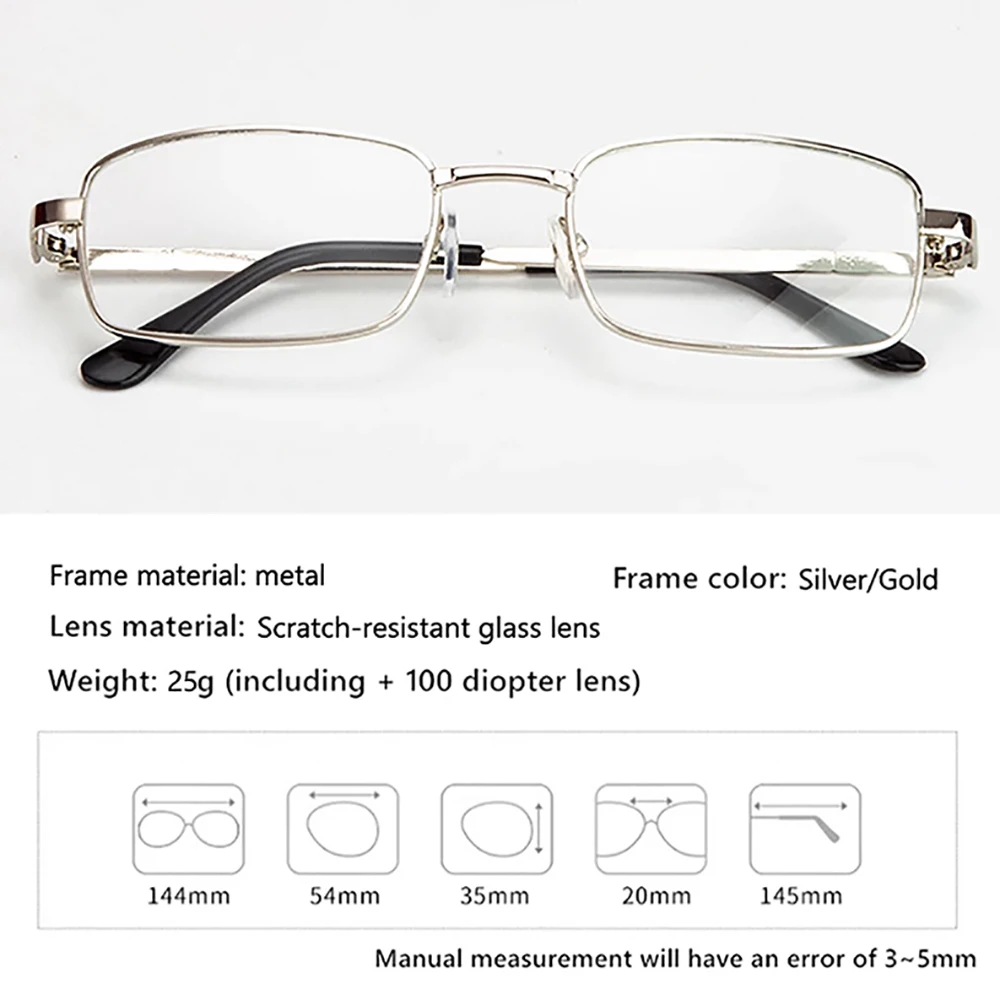 Anti-Scratch Lesebrille Retro Quadrat Presbyopie Brillen Mit Glas Linsen Metall Hyperopie Brillen männer gläser + 3,5 + 4 – Detail 3