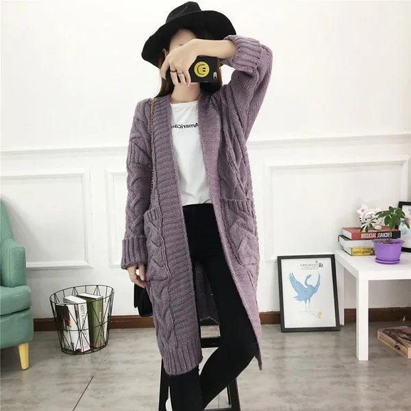 purple Women Long Cardigans Autumn Winter Open Stitch Knitting Loose Sweater Oversized Cardigans big pockets Cardigan Fall Jacket Coat - Цвет: purple