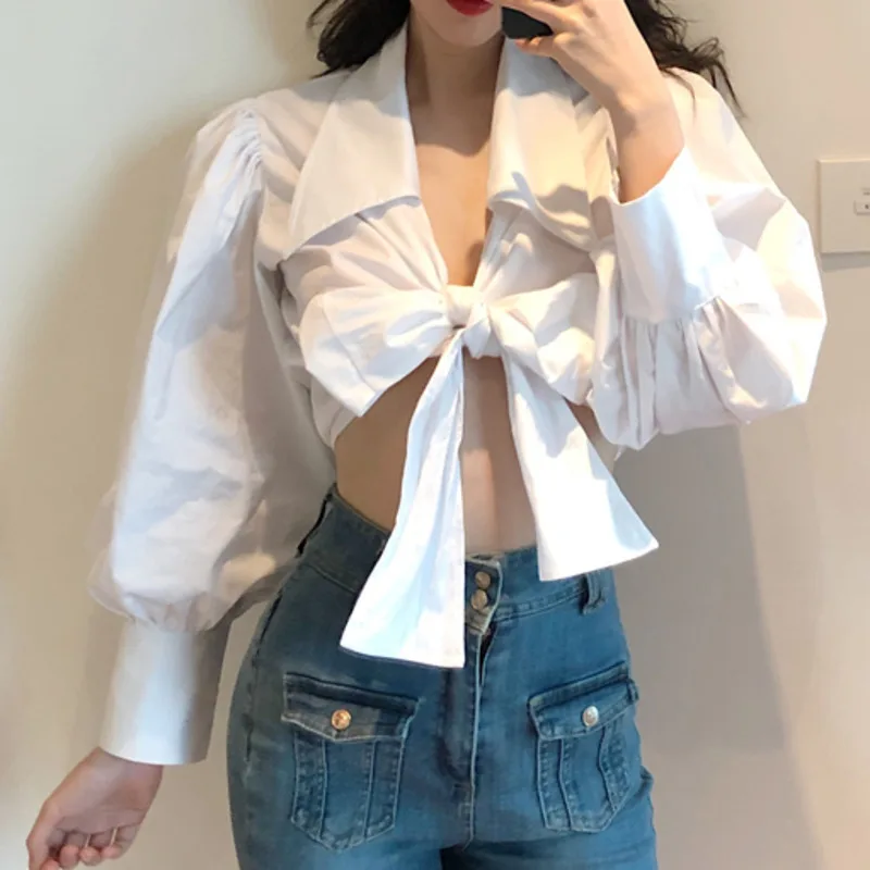 

XUXI Women Fashion Shirt Short Lace-up Long-sleeved Open Stitch Blouse New Shirt Female Summer 2021 E707