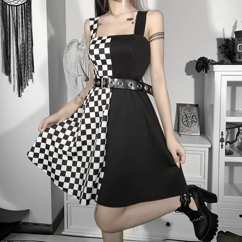 

Contrast Color Goth Strap Midi Dress Dark Fairy Egirl Sleeveless Plaid Vestido Women Aesthetic Streetwear Punk Y2K Harajuku Robe