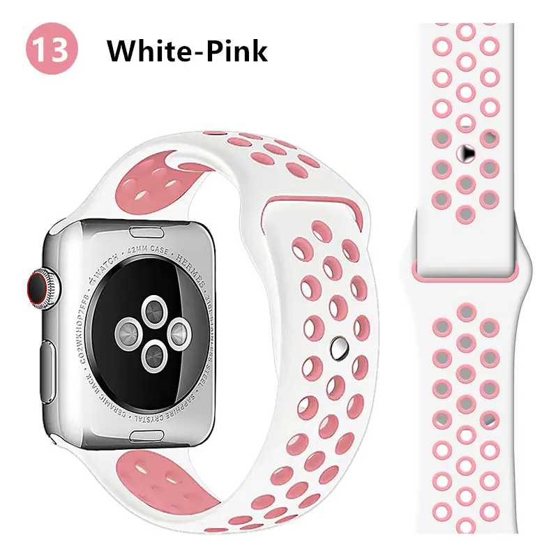 white light pink 13 Ремешок для apple watch band 44 мм 40 мм apple watch 5 4 3 2 iwatch band 42 мм 38 мм спортивный силиконовый браслет correa аксессуары для часов - Цвет ремешка: white light pink 13