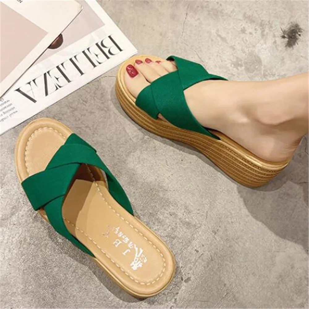 

New Summer Women's Slippers Fashion Comfortable Open-Toe Shoes Ladies High-Heel Platform Casual Wedges Sandals Green Black Beige