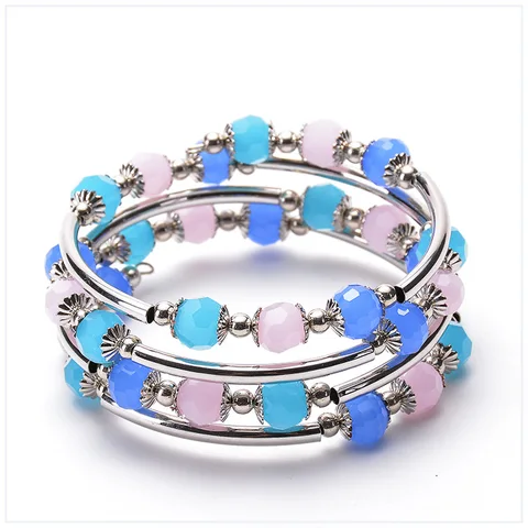 Женский многорядный браслет с кристаллами, розовый и голубой браслет с подвесками для свадьбы, дня рождения