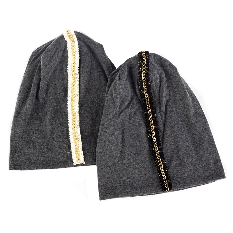 

Women's New Hot Sale Knitted Beanie Hat Female Baggy Casual Hat Balaclava Caps Lady Girl Solid Color Skullies With Gold Chain