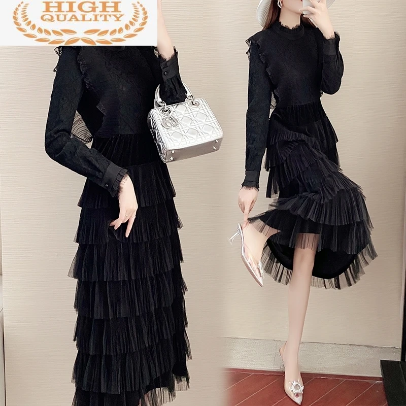 

Woman Dress Elegant Female Black Lace Dress High Quality Spring Autumn 2021 Long Dresses for Women Vestido De Mujer