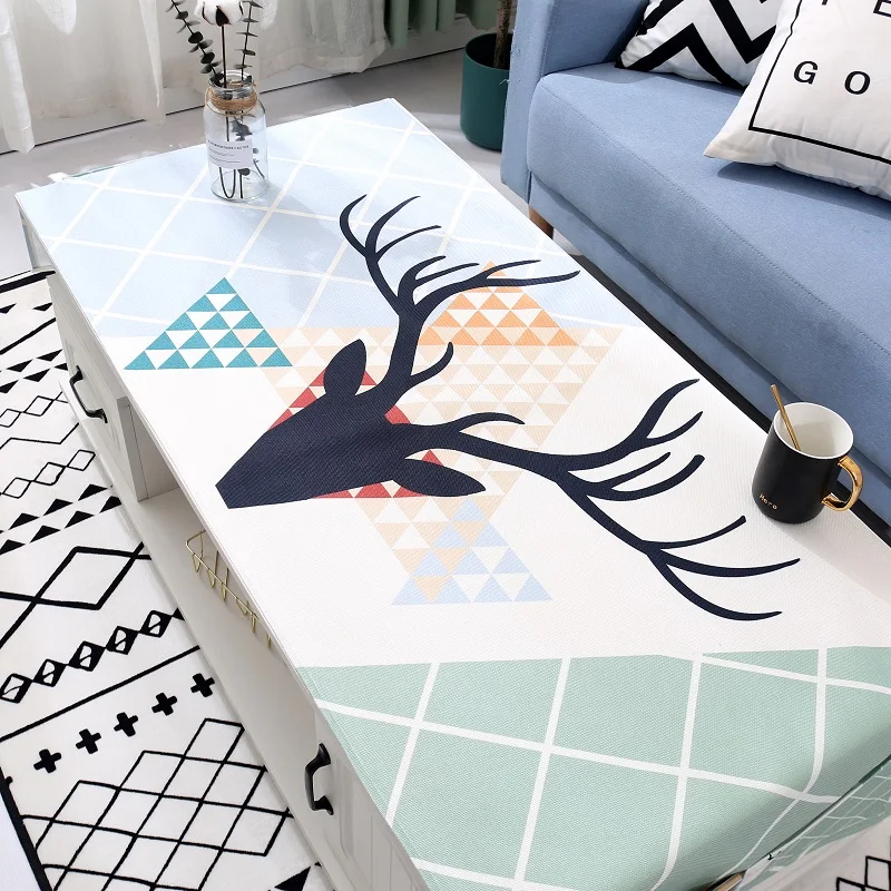 Декоративная льняная скатерть с оленем и котом водонепроницаемая маслостойкая