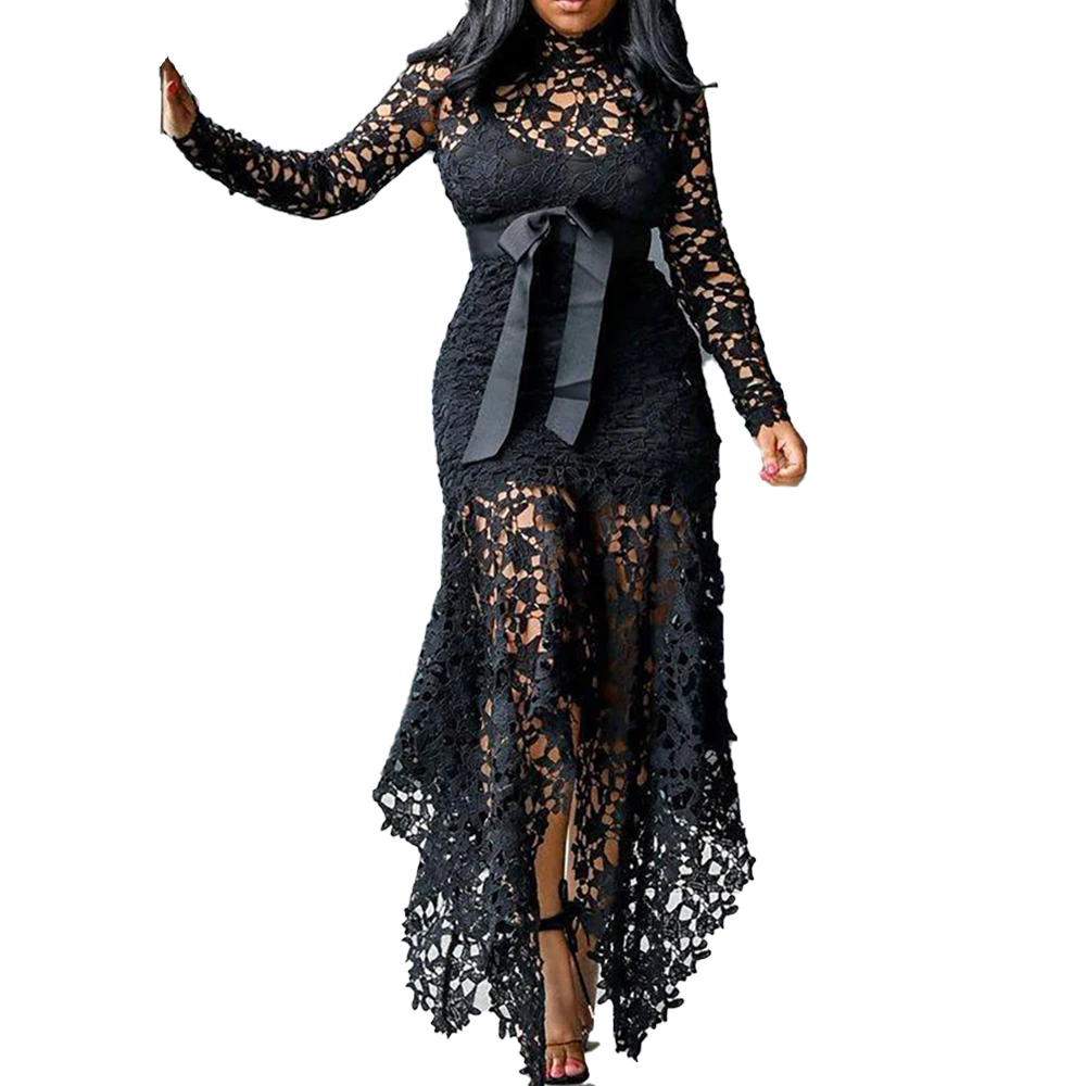 Vestido de encaje asimétrico para mujer, de cuello alto de talla grande Ropa, vestidos de fiesta de noche ahuecados, retales, fajas, verano, 2020