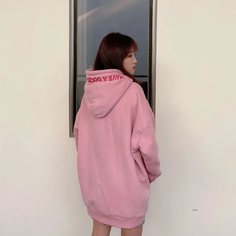 

Cute Embroidered Letter Hoodies Women Harajuku Print Sweatshirt Black Hoodies Hip Hop 90s Oversized Hoodie Pullover Casual