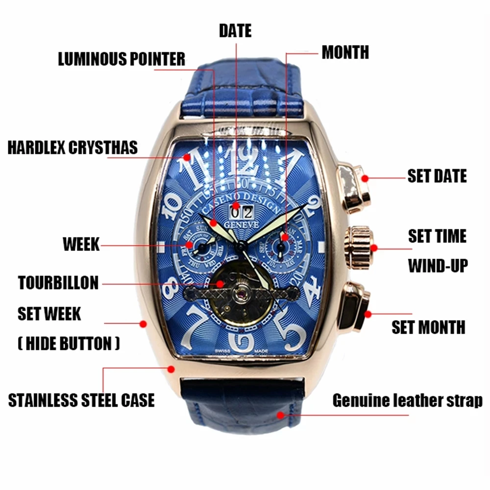

Automatic mechanical men's watch fashion skeleton leather watch top brand luxury tourbillon clock classic wine barrel watch 2021