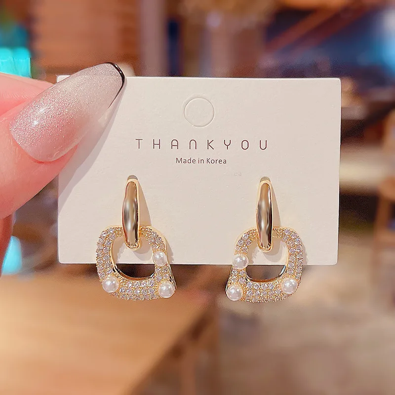 

Vintage Geometric Stud Earrings For Women Korean 925 Silver Needle Zircon Pearl Earrings Metal Gold Plated Jewelry Gift New