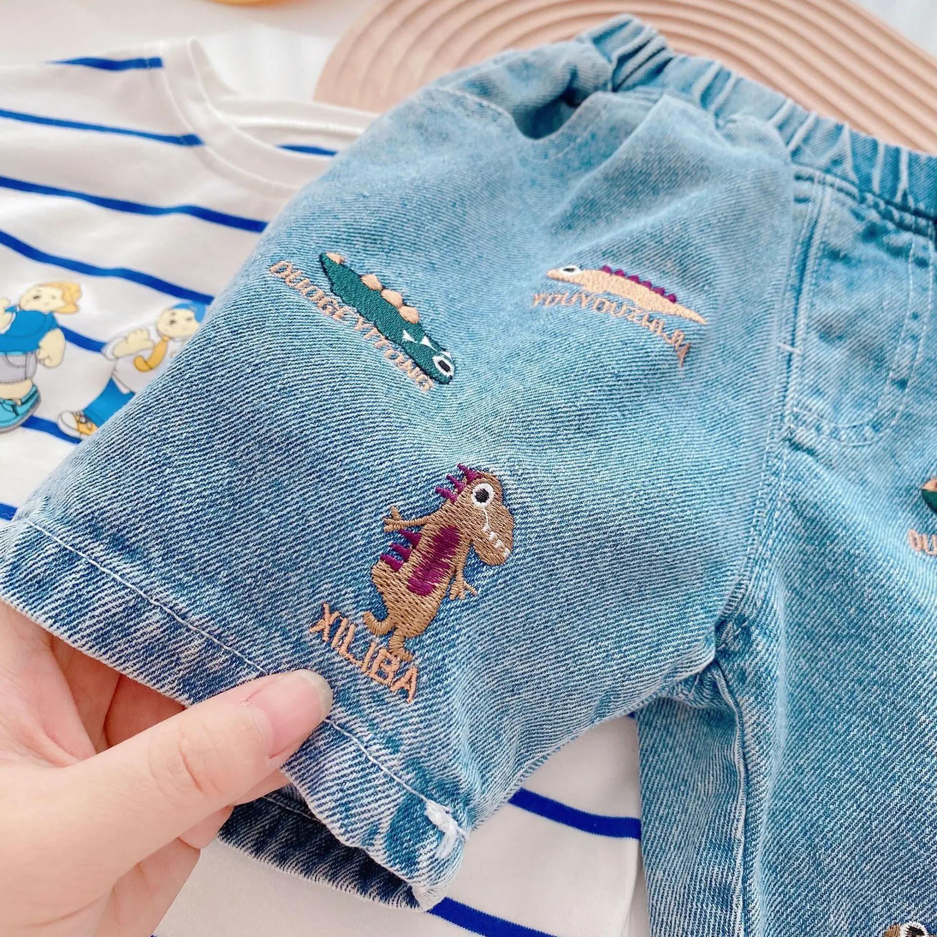 

Children's short-sleeved T-shirt boys and girls summer striped tops cartoon print denim shorts casual suit