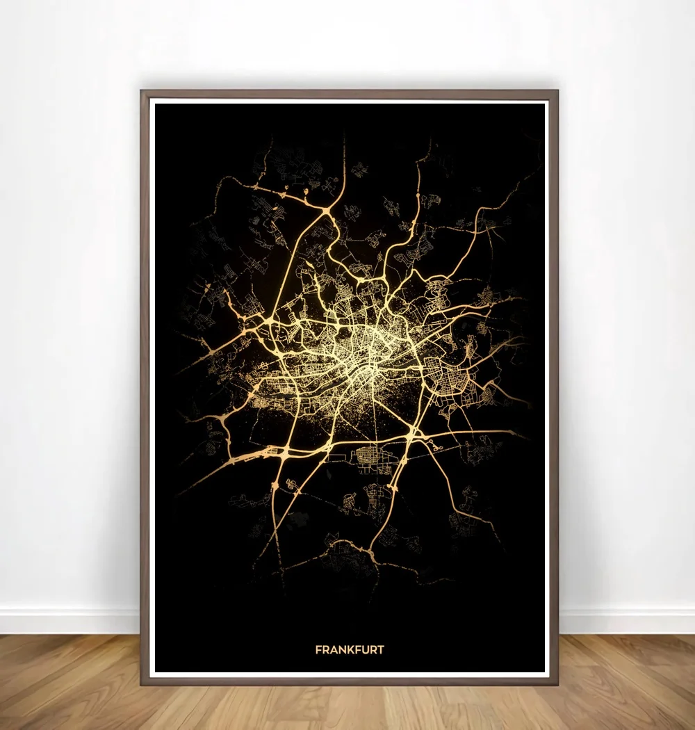 Франкфурт Гданьск Женева Глазго золотой городской светильник карты плакат холст