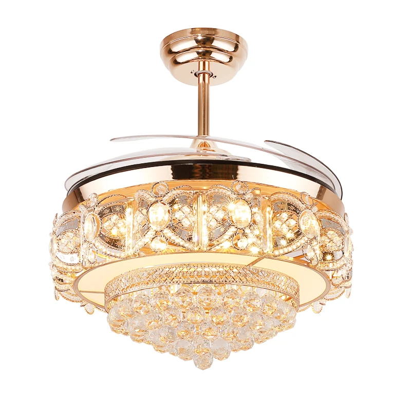 

Luxury crystal invisible fan lamp Ceiling fan lamp European living room Nordic dining room LED lamp bedroom fan chandelier