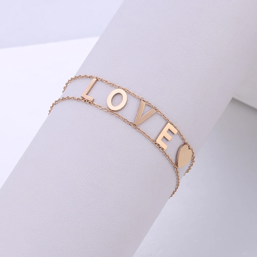 

Heart Charm Bracelets For Women Romantic LOVE Letters Stainless Steel Bracelet Thin Chain Rose Gold Jewelry 2021 New Accessories