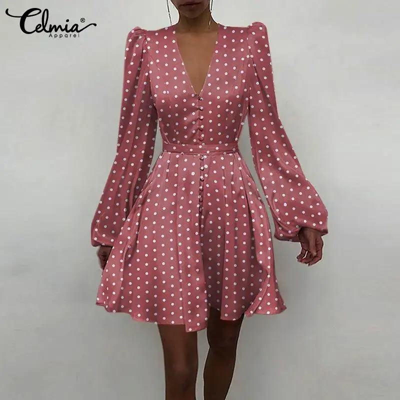 

Celmia Elegant Long Puff Sleeve Party Mini Dress Women's Sexy V-neck Sash Waisted A-line Vestidos Fashion Polka Dot Short Robe