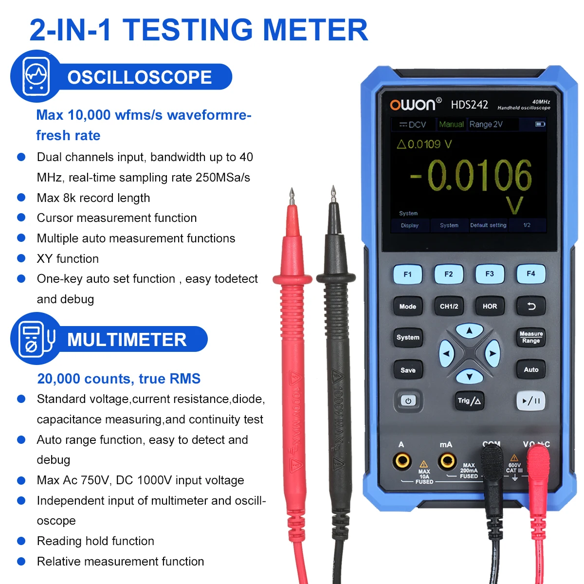 

OWON Handheld Oscilloscope Multimeter 2CH 40MHz Bandwidth 20000 Counts 2-in-1 Digital Scope Meter with 3.5-inch LCD Color