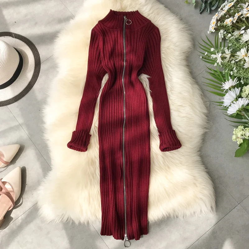 Осень зима 2019 новинка цельный на молнии тонкий талии с разрезом трикотажный низ