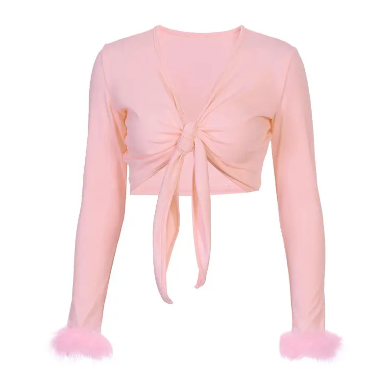 

1212MG V-neck solid-color long sleeve cardigan T-shirt crop tops custom logo print on product and package from 1pc dropship