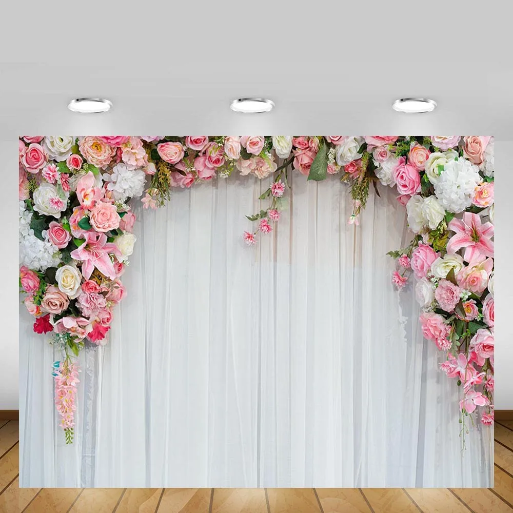 Mehofond Wedding Wall Backdrop Pink Flower White Curtain Ceremony Birthday Party Photography Backgrounds Photo Studio Decor Prop |