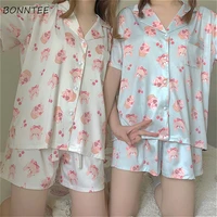 pajama sets women fresh summer chiffon soft kawaii printed fashion friends nighwear short sleeve sweet notched girls sleepwear