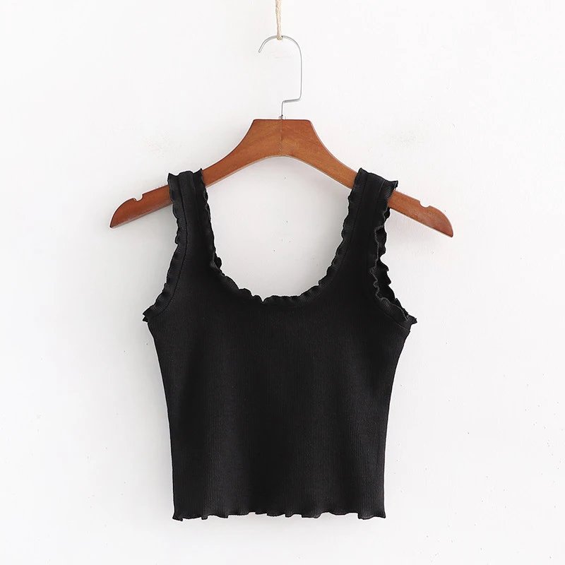 

Spring Women Casual Short Knitted Ruffles Tops Female 2020 Black Slim Carp Top Vest Women Solid White Tank Top