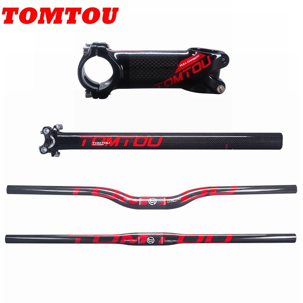 

TOMTOU Mountain Bike Handlebar Sets 3k Carbon Fibre Bicycle Handlebars + Seatpost + Stem Cycling MTB Parts Glossy Red - TS2T19