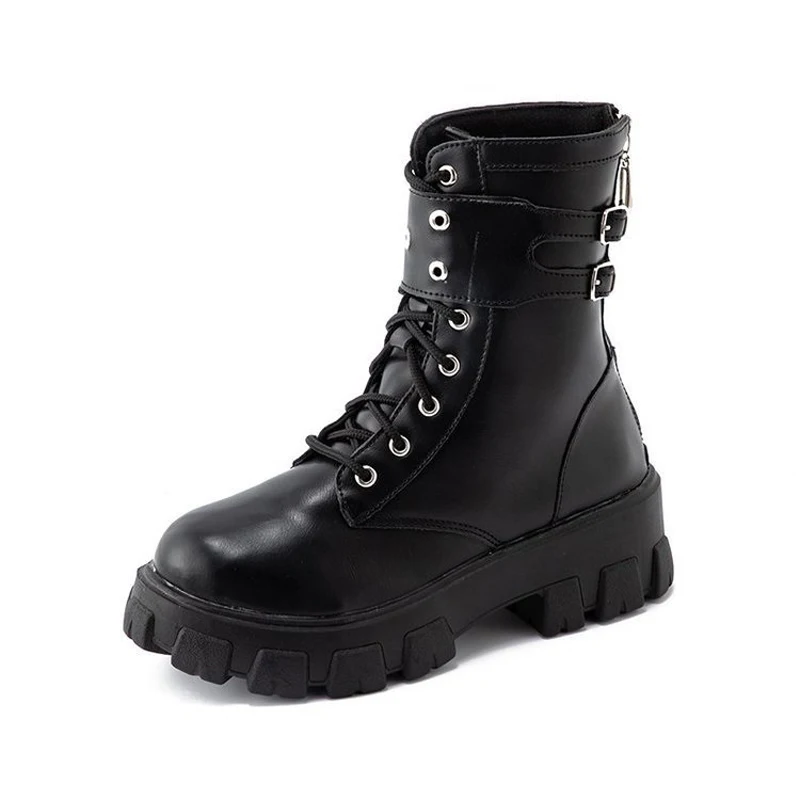 

Women Boots Solid Pu Leather Fashion Lace Up Ankle Boot Ladies Short Boots Flat Outdoor Party Women's Shoe Spring Autumn 2021