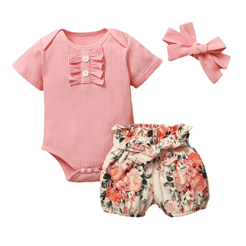 

Toddler Infant Baby Girl Clothes Summer Spring Cotton Casual Outfit Set Floral Bodysuit Bow Shorts Headband Children Sets