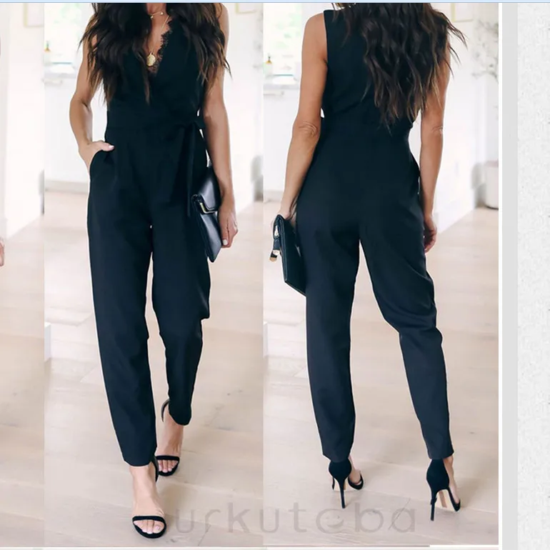 Женский комбинезон без рукавов однотонный с глубоким V-образным вырезом брюки