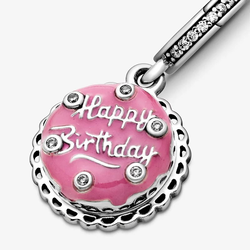 

New Fashion 925 Sterling Silver Beads Pink Birthday Cake Dangle Charms fit Original Pandora Bracelet Women DIY Jewelry