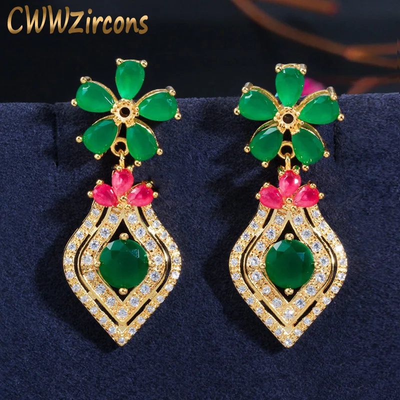

CWWZircons Elegant Yellow Gold Silver Red Green Emerald CZ Stone Flower Drop Earrings for Women Fashion Vintage Jewelry CZ388