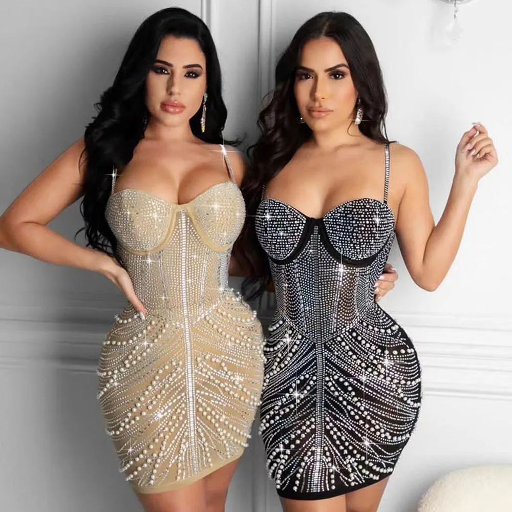 

Rhinestone Pearls Sparkly Birthday Dress for Women Sexy Club Wear Strapless Bodycon Party Dresses Night Celebrity Mini Dress