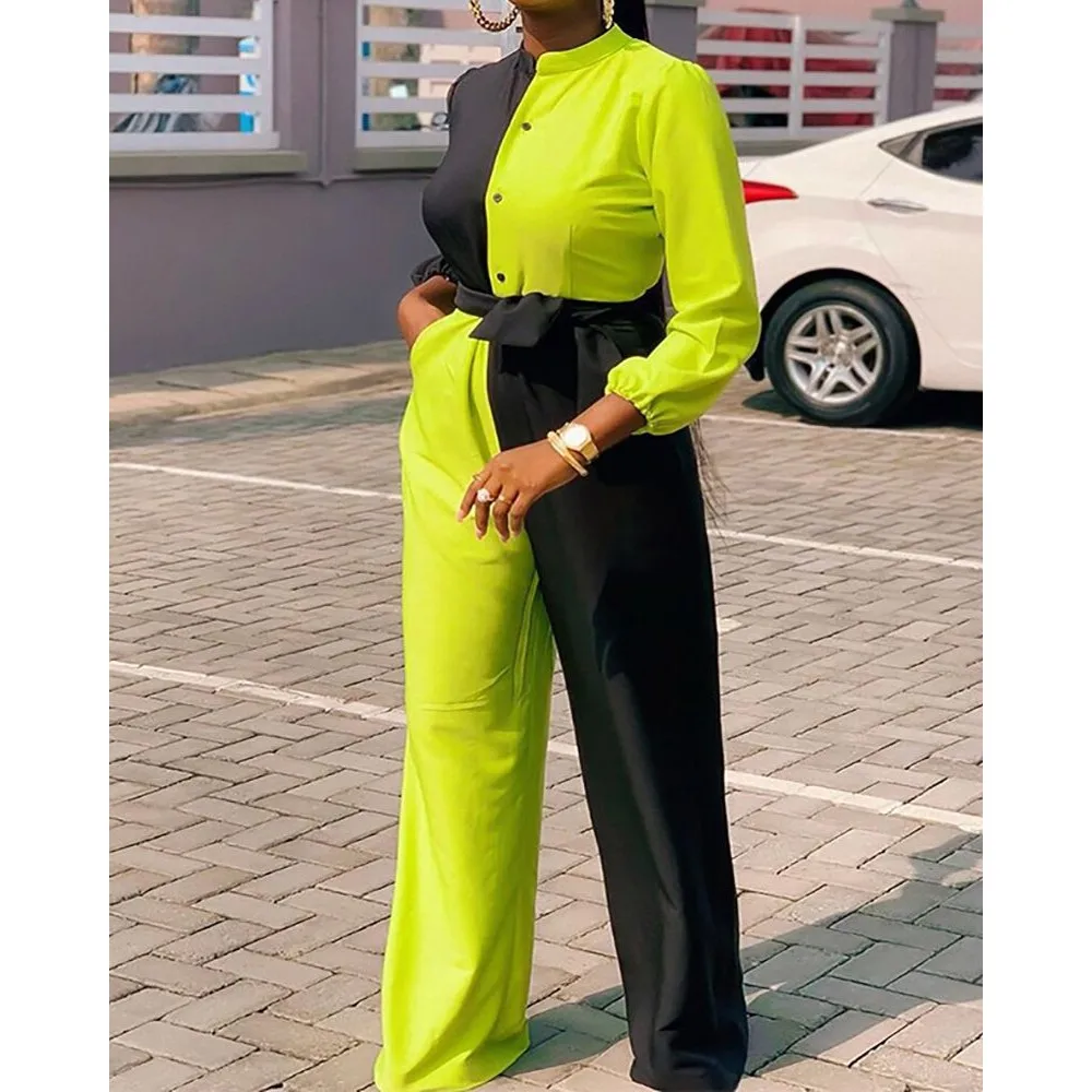 

2021 Fashion Loose Long-sleeve One-piece Rompers Solid Color Stitching Casual Work Jumpsuit Elegant Long Trousers Femme Robe