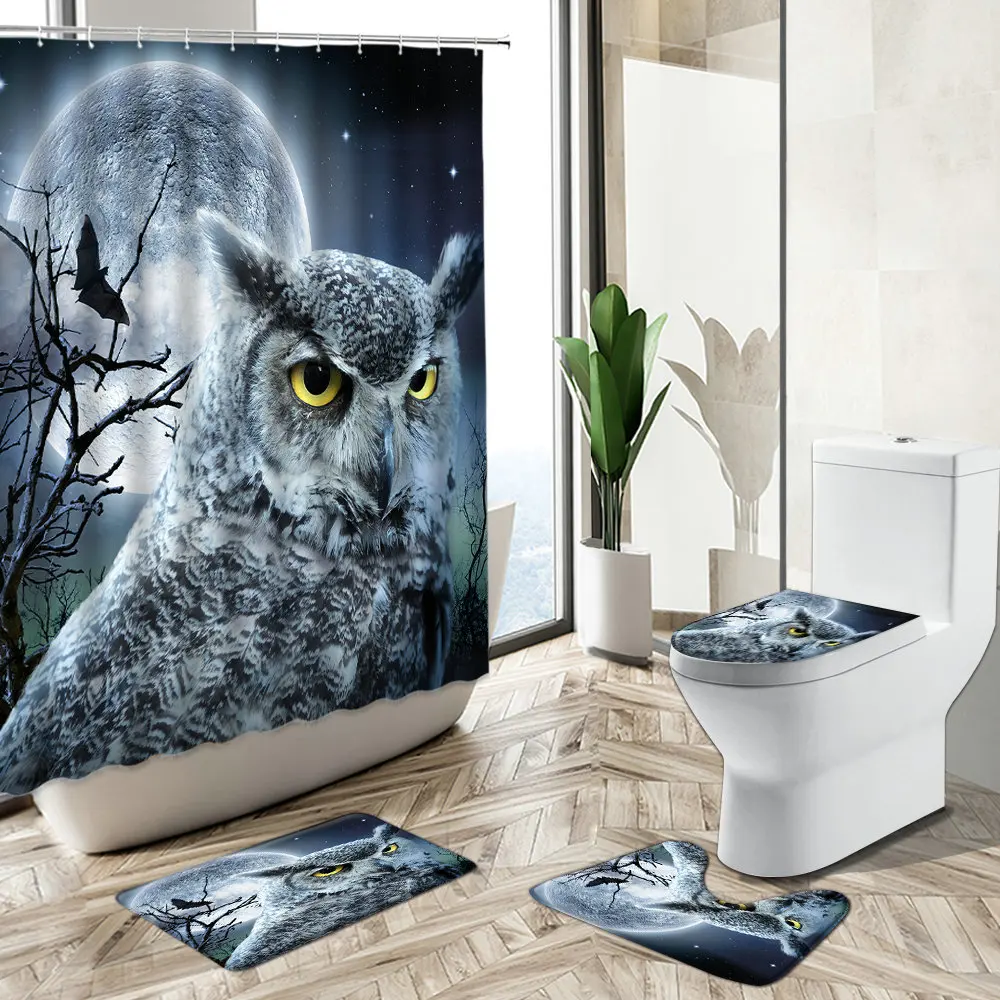 

Owl Print Shower Curtain Bird Animal Moon Night Scenery Halloween Bathroom Decor Non-Slip Carpet Toilet Cover Floor Mat Set Gift