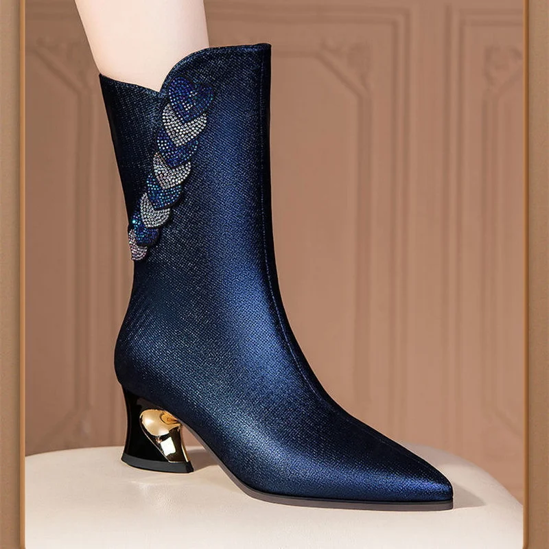 

Fhanchu 2021 New Women Sheepskin Leather Mid Calf Boots,winter Mum Shoes,pointed Rhinestone Heart,block Heel,black,blue,dropship