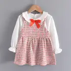 Новинка 2021, Модные осенние платья в клетку для маленьких девочек, детское элегантное платье с бантом, милая одежда, повседневные наряды для новорожденных