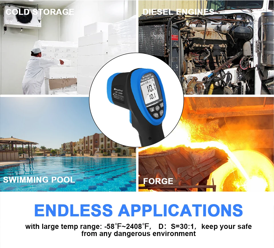 Holdpeak hp-1320 цифровой двойной лазерный термометр Бесконтактный ЖК-дисплей ИК инфракрасный цифровой C/F выбор пирометр