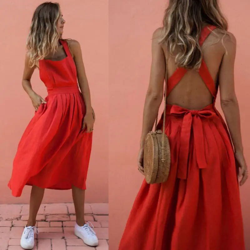 

Womens Backless Pleated Midi Apron Dress Summer Holiday Casual Beach Party Dresses