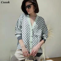 2021 new fall winter women v neck argyle print knitted cardigans sweater single breasted long sleeveloose houndstooth sweater