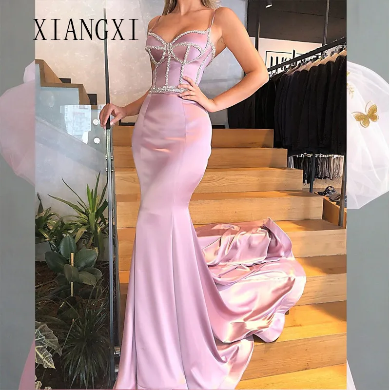 

Vestido de festa Evening Dresses Long Satin Spaghetti Strap Hand-Beaded Court Train Evening Dress Formal Gowns Vesitdo De Festa
