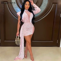 beyprern new chic mesh patchwork long strap mini dress pink outfits glitter one sleeve ruched sequins birthday party dress robes