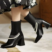 agodor peral women ankle boots square toe block high heel winter boots women shoes chain zipper fashion women booties size 34 46