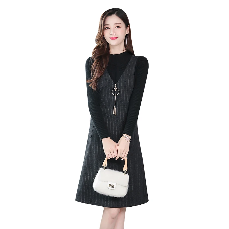 

Plus Size Sweater+Woolen Dress Winter Casual Two-piece Suit 2021 Wool Vest Dress Vintage Sweater Bodycon Party Casual Women Sets