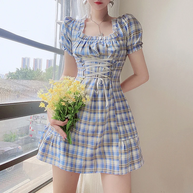 

French girdle lace up Plaid print square neck slim dress women's 2021 summer new