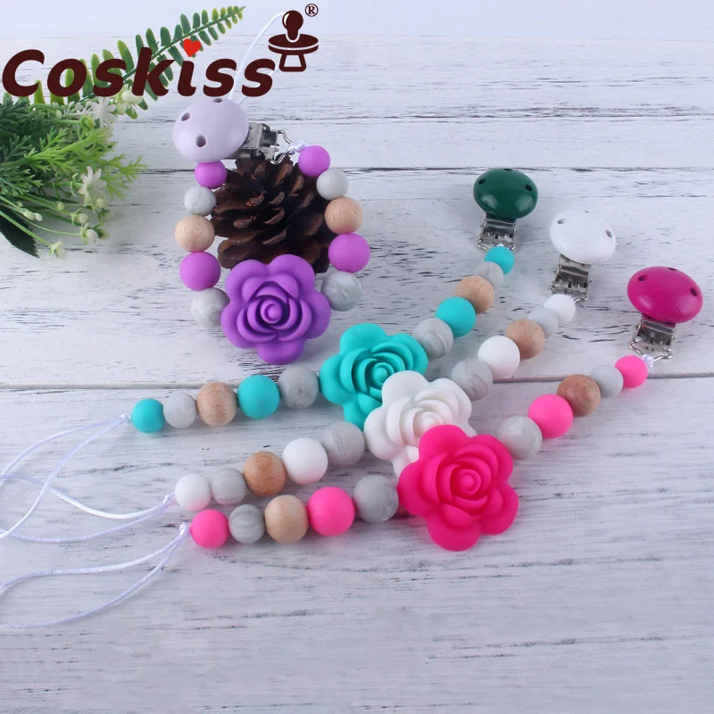 

Coskiss Rose Beads Pacifier Chain Baby Pacifier Holder Wooden Clips Silicone Flower Pacifier Dummy Chains Baby Shower Gift