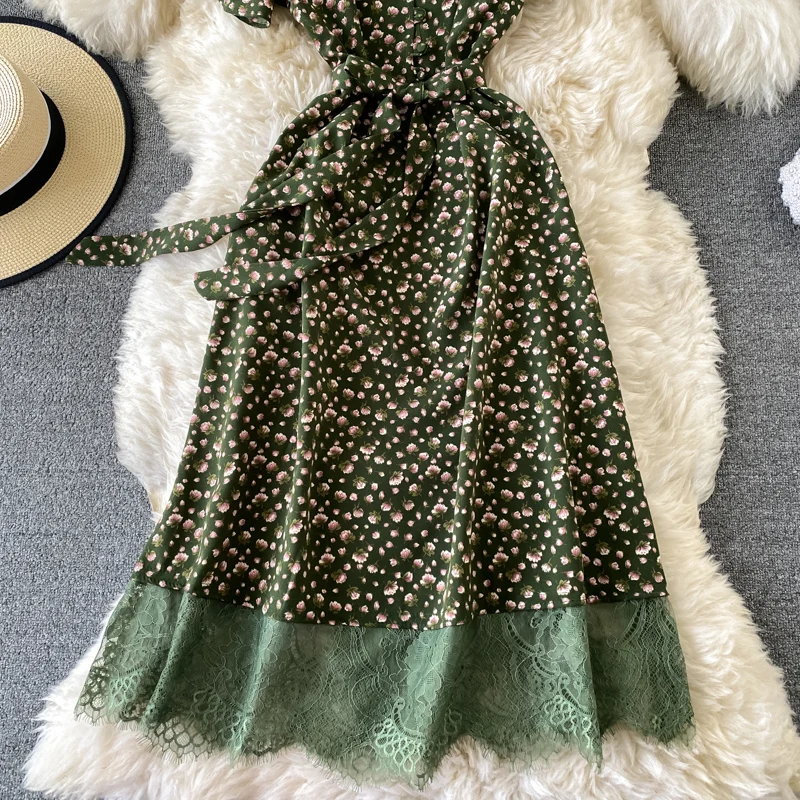 

Summer Women Floral Printed Lace Patchwork Midi Dress Vintage V-Neck Short Sleeve High Waist Chiffon Vestidos Female 2021 New