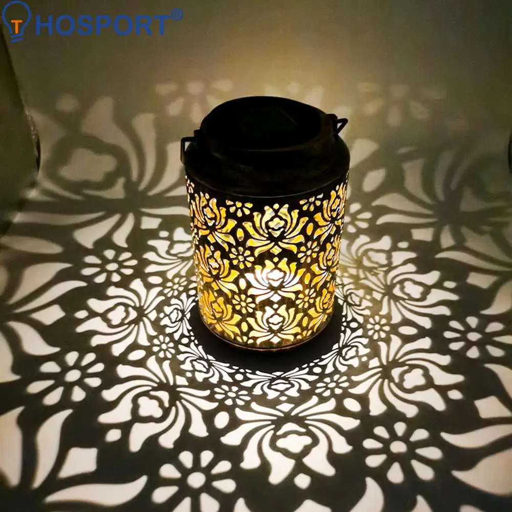 

LED Solar Lantern Light Hollow Lantern Flower Projection Light Wrought Iron Hanging Lamps Waterproof Outdoor Garden Decoration