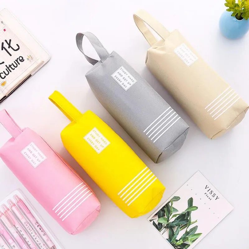 Pencil Case Solid Estuche Escolar Double Zipper Large Trousse Scolaire Stylo Pencilcase Stripe Canvas | Канцтовары для офиса и