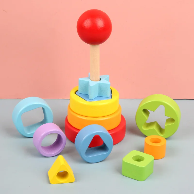 

Montessori Early Education Colorful Rainbow Rainbow Ferrule Stack Tower And Column Children's Wooden Toys Trumpet Rainbow Tower