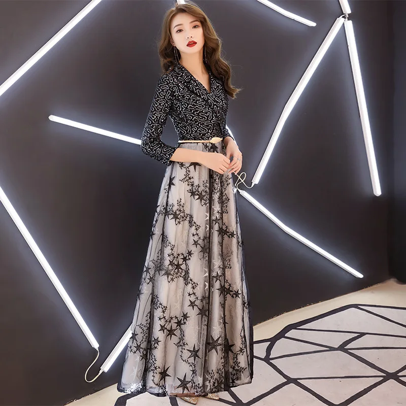 

Bean Paste Bride Bridesmaids Wedding Party A-Line Dresses Sexy Notched Banquet Evening Dress Slim Mid-Length Sequins Prom Gown